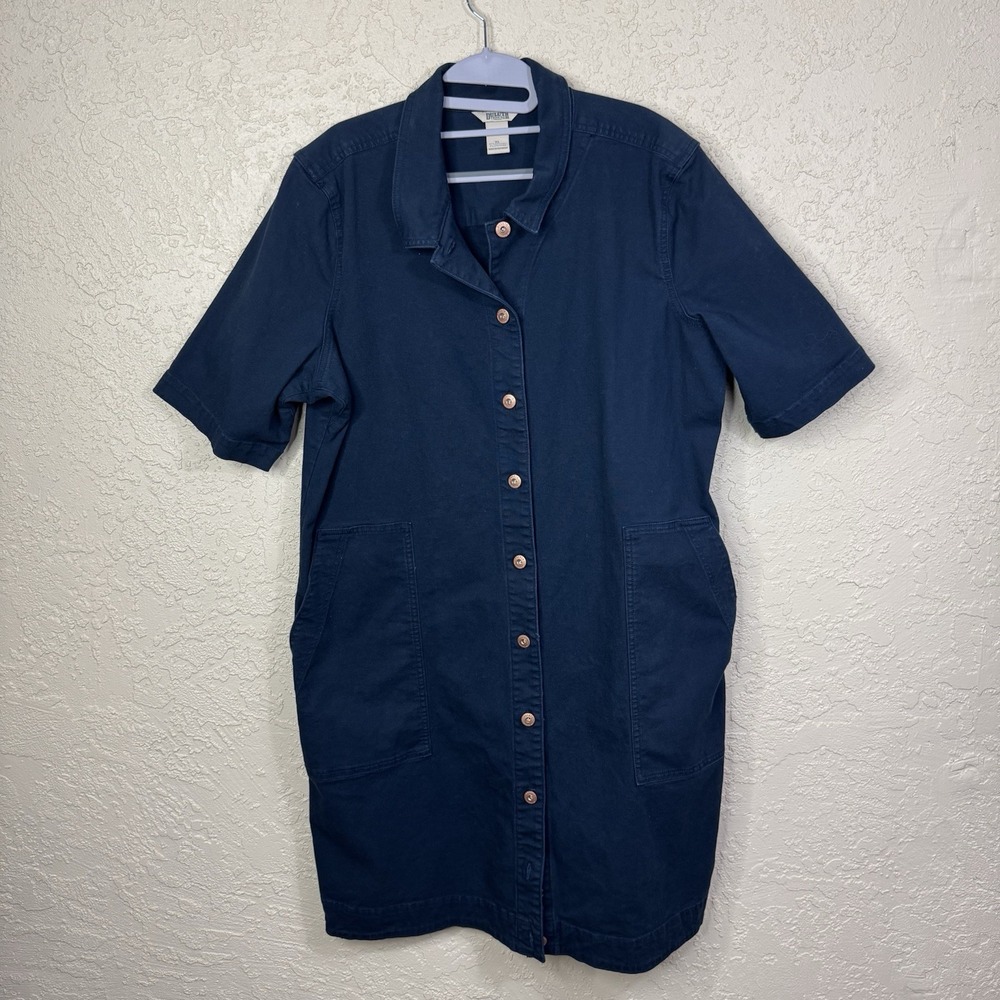 Duluth Trading Co Womens Navy Blue Cotton Button Front Shirt Dress XL Pockets